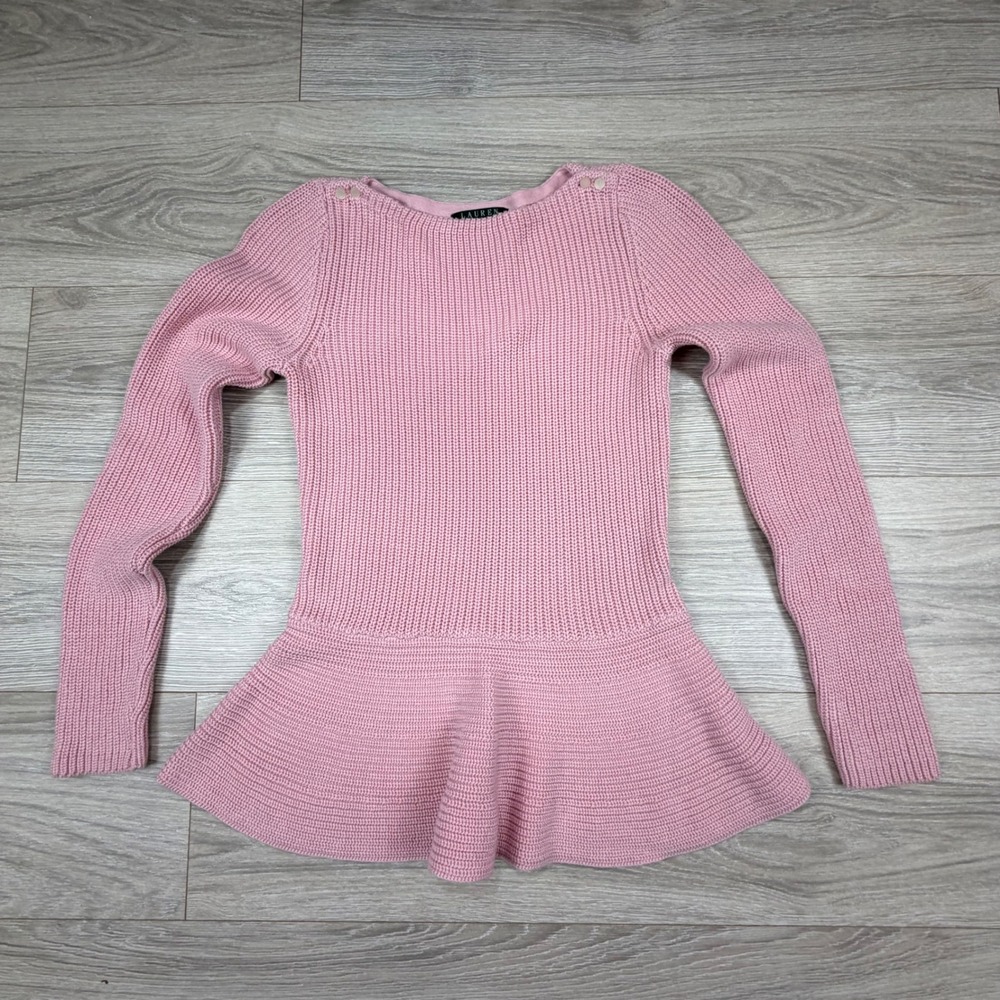 Lauren Ralph Lauren Pink Cotton Shaker‎ Knit Peplum Sweater Shoulder Buttons S
